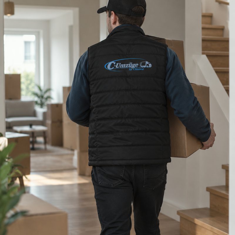 Umzugshelfer von C-Umzüge trägt einen Karton durch eine Wohnung