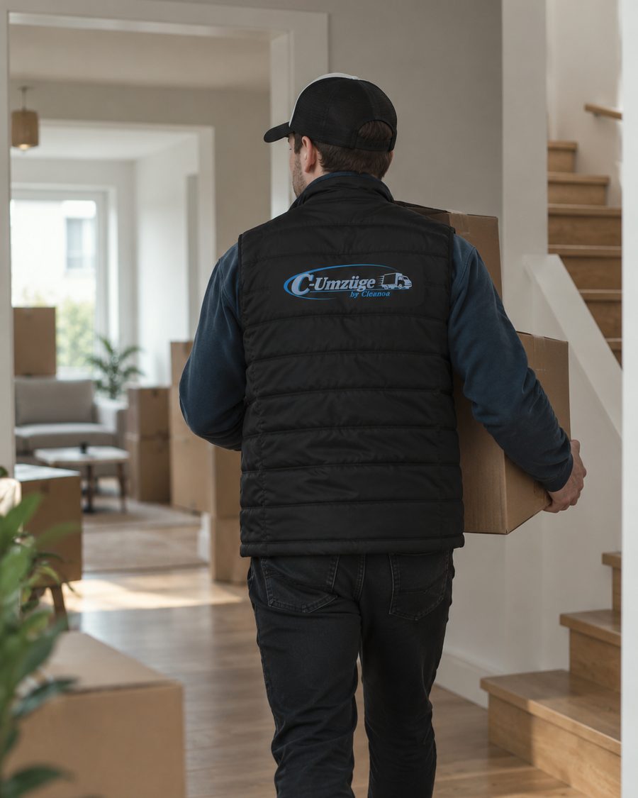 Umzugshelfer von C-Umzüge trägt einen Karton durch eine Wohnung